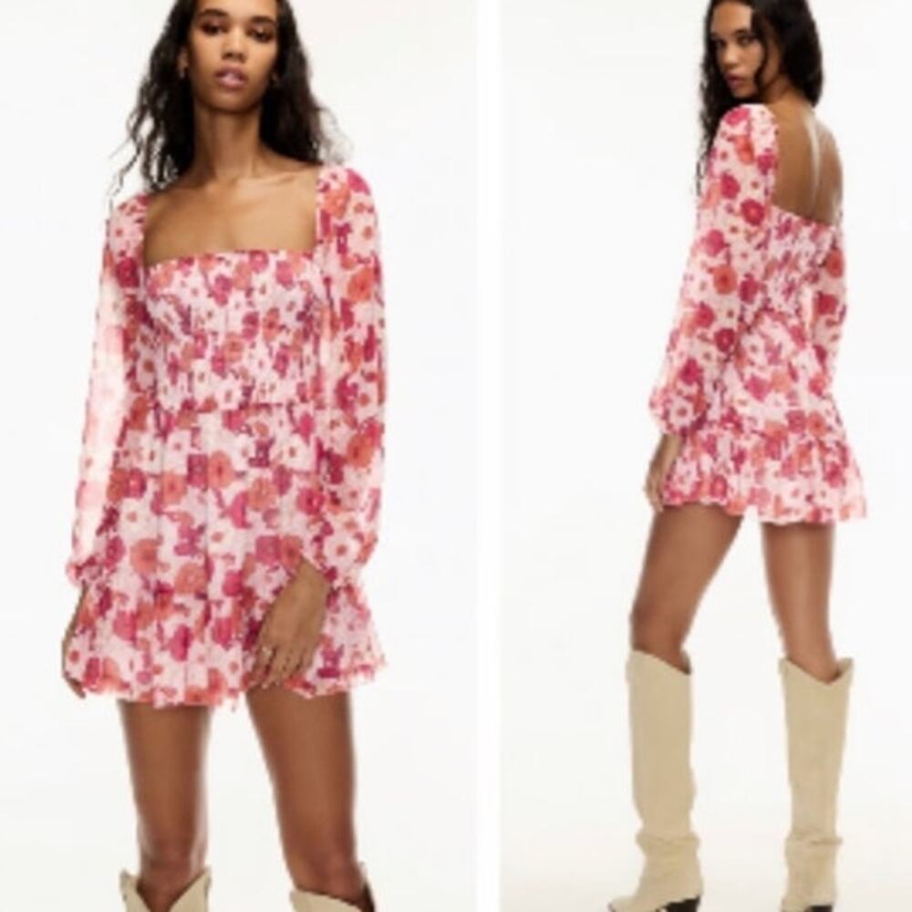 Wilfred Aritzia Floral Smocked Mini Dress Pink Red Long Sleeve Cottagecore S